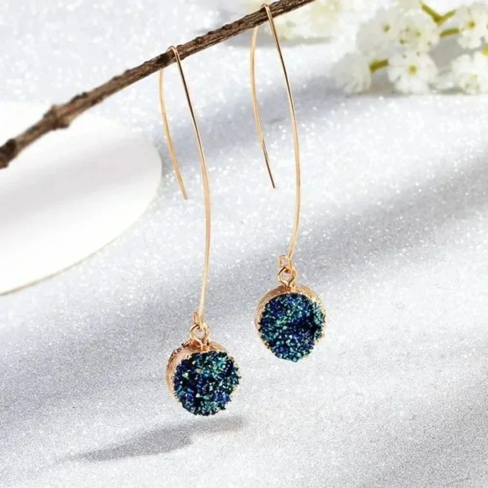 Druzy Charm Long Gold Marquise Earrings Oil Slick